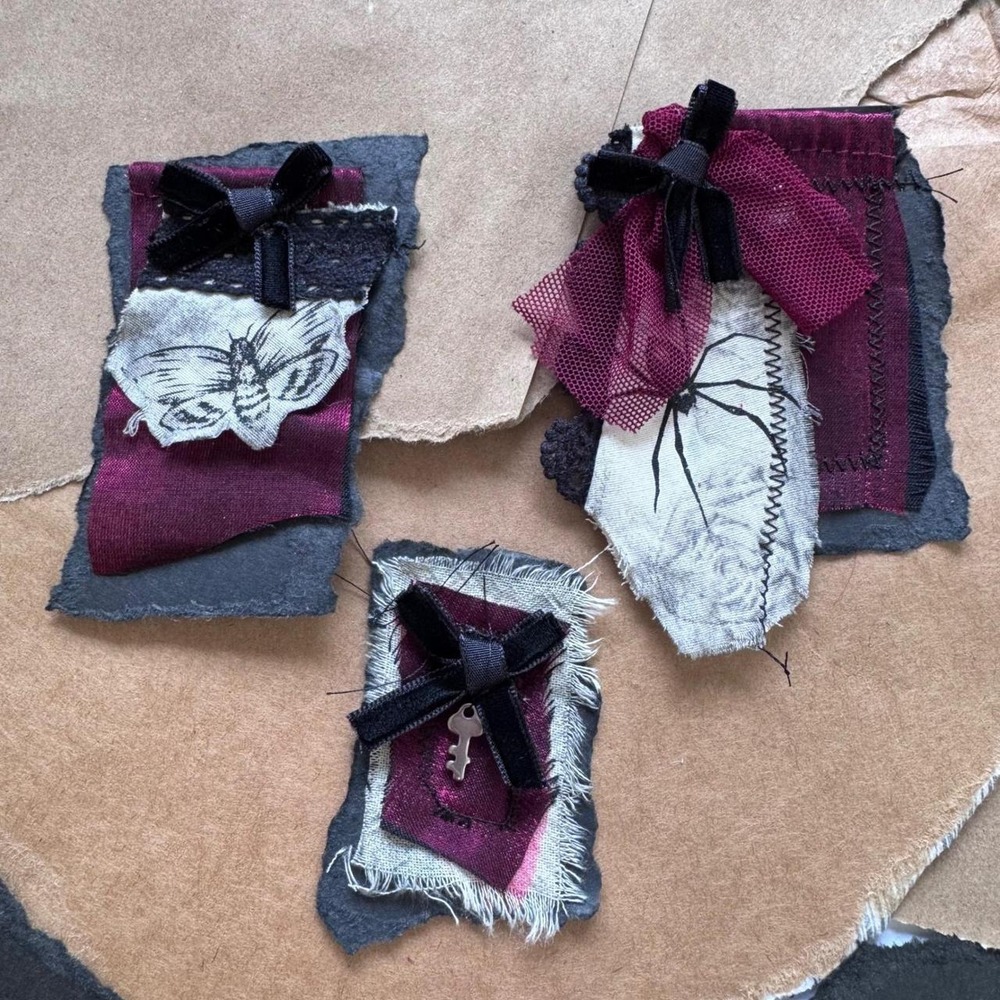 Handmade gothic scrappy tags set of 3 insect black and red whimsigoth whimsy